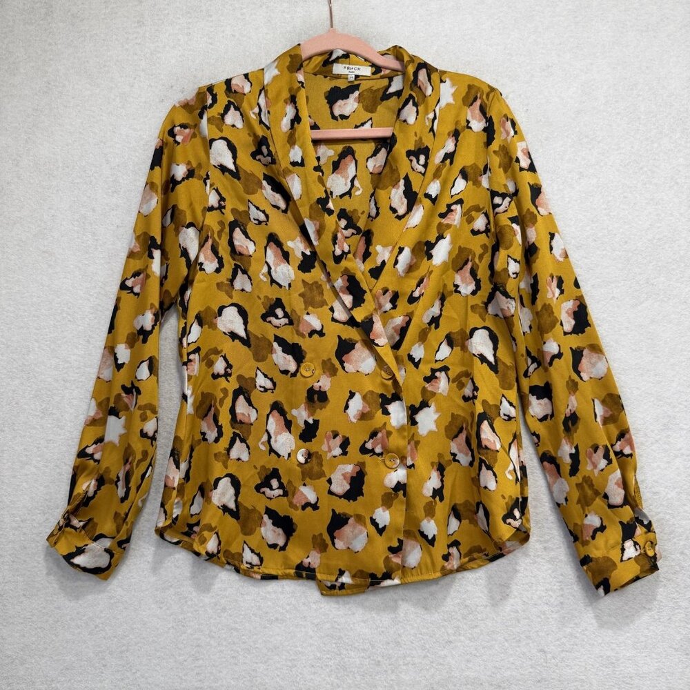 FRNCH Blouse Womens Medium Yellow Leopard Wrap Button Front Collared Top